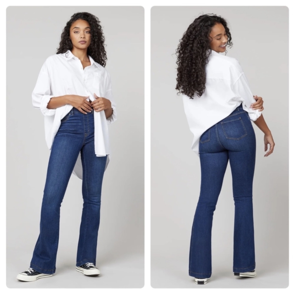 SPANX 70's Flare Jeans‎ Pull On High Waist Midnight Shade Women's Sz M Denim